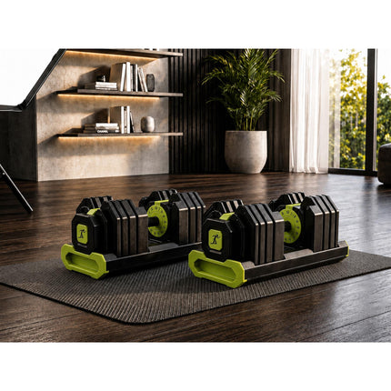 Strongology FLEX36 Lime Adjustable Dumbbells 4kg-36kg, 17-in-1 Weights with Quick-Turn Dial for Home Gym Strength Training