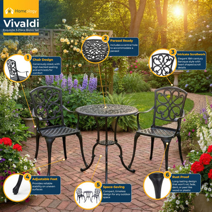Homeology VIVALDI 3-Piece Cast Aluminium Garden Bistro Set- Rust-Proof Round Table with Parasol Hole & 2 Generously Sized Armchairs- Exquisite Baroque Design for Patio, Balcony & Conservatory (Black)