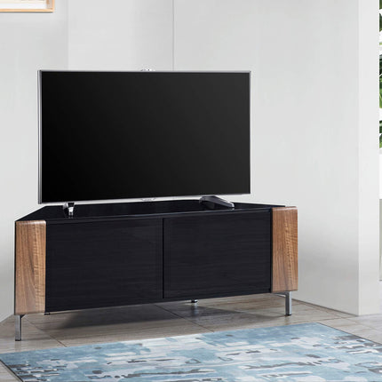 MDA Designs CORVUS Corner-Friendly Gloss Black Contemporary Cabinet with Walnut Profiles Black BeamThru Glass Doors Suitable for Flat Screen TVs up to 50" - Grade A