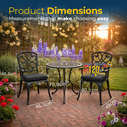 Homeology VIVALDI Black 3-Piece Cast Aluminium Garden Bistro Set - Rust-Proof Round Table with Parasol Hole & 2 Generously Sized Armchairs - with Black Cushions