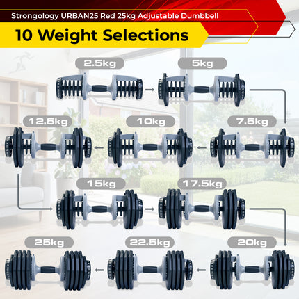 Strongology URBAN25 Grey Adjustable Dumbbell Pair | 2.5kg to 25kg Quick-Select Weight | 10-in-1 Space-Saving Design | Soft-Grip Handle | Secure Plate-Locking System | Home Gym Strength Training Workouts
