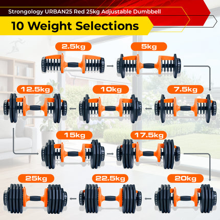 Strongology URBAN25 Orange Adjustable Dumbbell Pair | 2.5kg to 25kg Quick-Select Weight | 10-in-1 Space-Saving Design | Soft-Grip Handle | Secure Plate-Locking System | Home Gym Strength Training Workouts