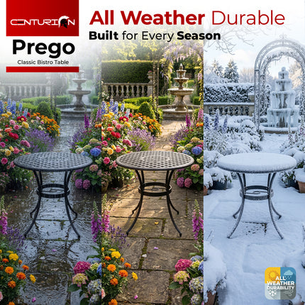 Centurion PREGO Outdoor Bistro Table Cast Aluminium Black, Garden Patio Round Table with 4-Legs Weather Resistant Rustproof Metal Furniture for Balcony Decking Terrace
