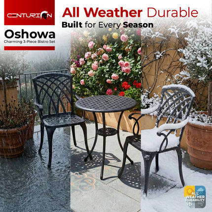 Centurion OSHOWA Luxurious Garden and Patio Table and 2 Large Chairs with Armrests Cast Aluminium Bistro Set - Black