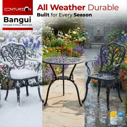 Centurion BANGUI 3 Piece Cast Aluminium Garden Bistro Set – Rust-Proof Outdoor Patio Table with Parasol Hole & 2 Large Chairs – Spanish Style Garden Furniture for Patio, Balcony & Conservatory – Black