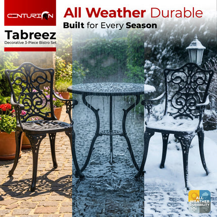 Centurion TABREEZ 3-Piece Bistro Set Garden Furniture, Cast Aluminium Outdoor Patio Set, Metal Garden Furniture, Rust-Proof Table & 2 Chairs, Bistro Set, Black