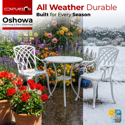 Homeology OSHOWA 3-Piece Cast Aluminium Bistro Set – Rust-Proof Round Table & 2 High-Backed Armchairs – Timeless French-Style Interlocking Lattice Basketweave Design – White Outdoor Patio Furniture