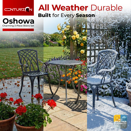 Centurion Supports OSHOWA Luxurious Garden and Patio Table and 2 Large Chairs with Armrests Cast Aluminium Bistro Set Grey