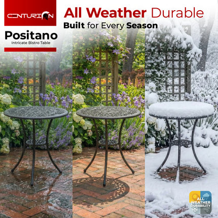 Centurion POSITANO Cast Aluminium Garden Bistro Table, Outdoor Patio Table, Round Garden Table with Parasol Hole, Victorian Outdoor Furniture for Balcony Terrace Conservatory in Black