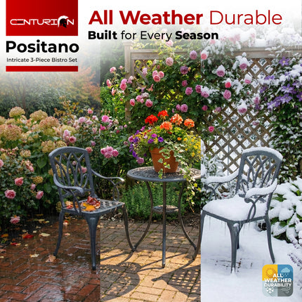 Centurion Supports POSITANO Luxurious Garden and Patio Table and 2 Large Chairs with Armrests Cast Aluminium Bistro Set - Grey