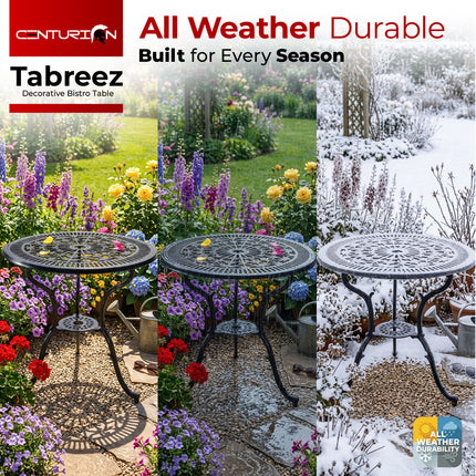 Centurion TABREEZ Garden Bistro Table Cast Aluminium Patio Table with Parasol Hole 4.7cm, Rustproof Weather Resistant Outdoor Furniture for Balcony Terrace Decking Lawn 69.5cm Round