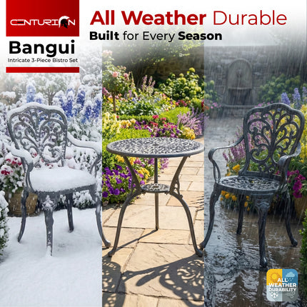 Centurion BANGUI 3 Piece Cast Aluminium Garden Bistro Set – Rust-Proof Outdoor Patio Table with Parasol Hole & 2 Large Chairs – Spanish Style Garden Furniture for Patio, Balcony & Conservatory – Grey