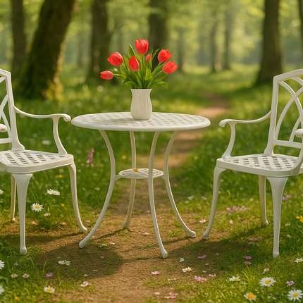 Centurion Supports OSHOWA Luxurious Garden and Patio Table and 2 Large Chairs with Armrests Cast Aluminium Bistro Set - White