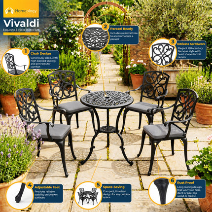 Homeology VIVALDI Black 5-Piece Cast Aluminium Garden Bistro Set - Rust-Proof Round Table with Parasol Hole & 4 Large Armchairs - with Grey Cushions