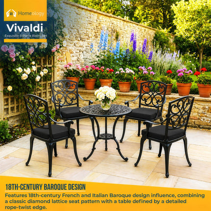 Homeology VIVALDI Black 5-Piece Cast Aluminium Garden Bistro Set - Rust-Proof Round Table with Parasol Hole & 4 Large Armchairs - with Black Cushions