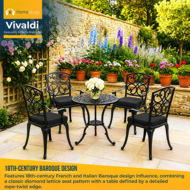 Homeology VIVALDI Black 5-Piece Cast Aluminium Garden Bistro Set - Rust-Proof Round Table with Parasol Hole & 4 Large Armchairs - with Black Cushions