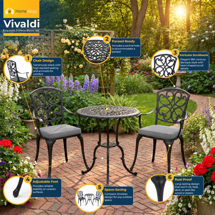 Homeology VIVALDI Black 3-Piece Cast Aluminium Garden Bistro Set - Rust-Proof Round Table with Parasol Hole & 2 Generously Sized Armchairs - with Grey Cushions