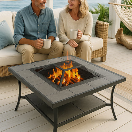 Centurion Supports SHANGO Premium Multi-Functional Black with Ceramic Tiles Outdoor Garden and Patio Square Heater Fire Pit Brazier and Outdoor Table