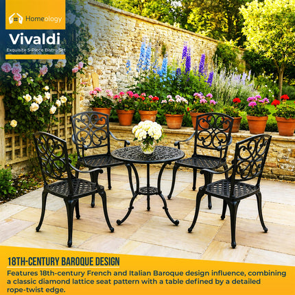 Homeology VIVALDI Black 5-Piece Cast Aluminium Garden Bistro Set- Rust-Proof Round Table with Parasol Hole & 4 Large Armchairs- Baroque Design for Patio, Balcony & Conservatory