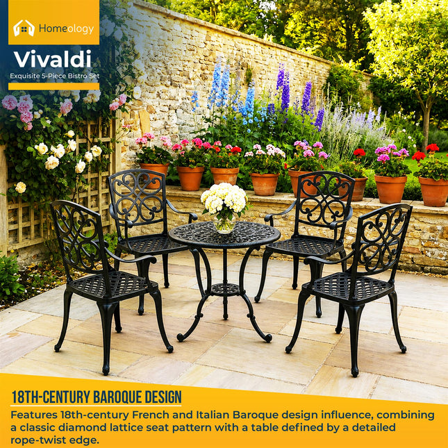 Homeology VIVALDI Black 5-Piece Cast Aluminium Garden Bistro Set- Rust-Proof Round Table with Parasol Hole & 4 Large Armchairs- Baroque Design for Patio, Balcony & Conservatory