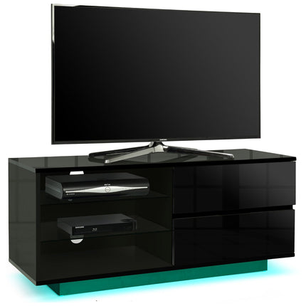 Centurion Supports Gallus Premium High Gloss Black with 2-Black Drawers and 3-Shelf 32"-55" LED/OLED/LCD TV Cabinet with 16 colour LED Lights