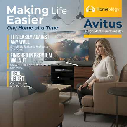 Homeology Avitus High Gloss Black with 4-Walnut Drawers & 3-Shelf 32"-65" LED/OLED/LCD TV Cabinet - Fully Assembled