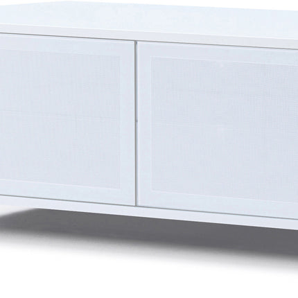 MDA Designs CORVUS Corner-Friendly Gloss White Contemporary Cabinet with Walnut Profiles White BeamThru Glass Doors Suitable for Flat Screen TVs up to 50"