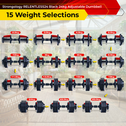 Strongology RELENTLESS24 Home Fitness Single Adjustable Smart Dumbbell from 2.5kg up to 24kg Training Weights