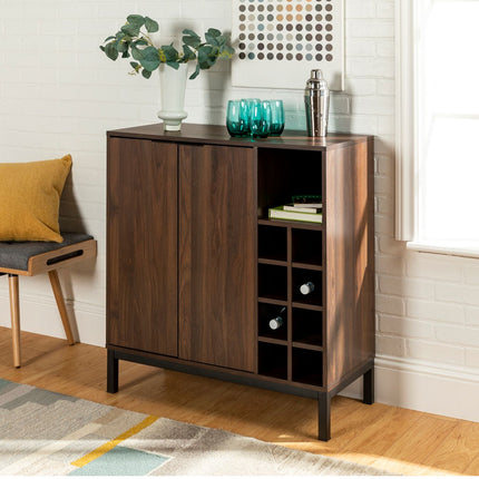 Centurion Supports VILANO Walnut 8-Bottle Wine Storage and 3-Row Glass Holder Modern Bar Kitchen Cabinet Buffet