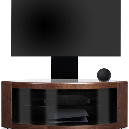Centurion Supports PANGEA Black/Walnut Beam-Thru Curved True-Corner 32"-50" TV Cabinet with Mounting Arm