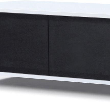 MDA Designs CORVUS Corner-Friendly Gloss White Contemporary Cabinet with White Profiles Black BeamThru Glass Doors Suitable for Flat Screen TVs up to 50"
