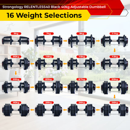 Strongology RELENTLESS40 Adjustable Smart Dumbbell Pair from 5kg to 40kg Home Fitness Training Weights in Black - Grade A