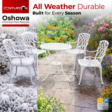 Centurion Supports OSHOWA Luxurious Garden and Patio Table and 4 Large Chairs with Armrests Cast Aluminium Bistro Set - White with Black Cushions