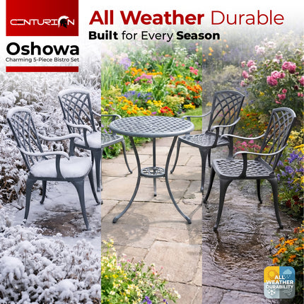 Centurion Supports OSHOWA Luxurious Garden and Patio Table and 4 Large Chairs with Armrests Cast Aluminium Bistro Set - Grey with Green Cushions