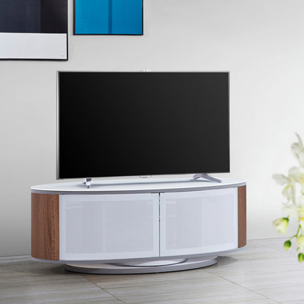 MDA Designs LUNA Gloss White Oval Cabinet with Walnut Profiles White BeamThru Glass Doors Suitable for Flat Screen TVs up to 50"