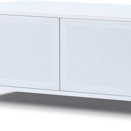 MDA Designs CORVUS Corner-Friendly Gloss White Contemporary Cabinet with Oak Profiles White BeamThru Glass Doors Suitable for Flat Screen TVs up to 50"