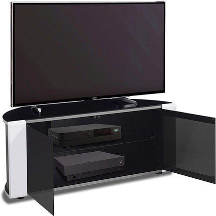 MDA Designs Sirius 850 Remote Friendly Beam Thru Glass Door Gloss Piano Black with White Front Profiles up to 40" LCD/Plasma/LED Cabinet TV Stand