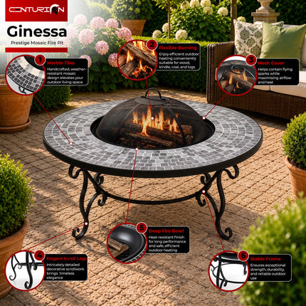 Centurion Supports Fireology GINESSA Sumptuous Garden and Patio Round Heater, Fire Pit, Brazier, Coffee Table, Barbecue and Ice Bucket with Mosaic Ceramic Tiles