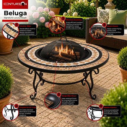 Centurion Supports Fireology BELUGA Opulent Garden and Patio Round Heater, Fire Pit, Brazier, Coffee Table, Barbecue and Ice Bucket - Marble Finish