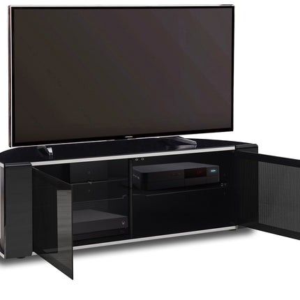 MDA Designs Sirius 1200 Gloss Piano Black Cabinet with Remote Friendly Beam Thru Glass Doors & Silver Trim up to 55" LCD/Plasma/LED TV Stand - Grade A
