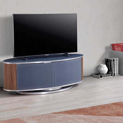 MDA Designs LUNA Grey Oval Cabinet with Walnut Profiles & Grey BeamThru Glass Doors Suitable for Flat Screen TVs up to 50"