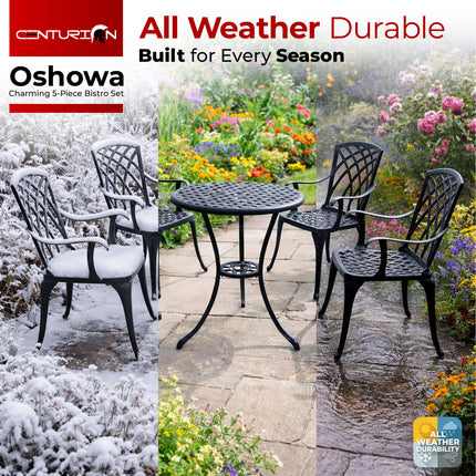 Centurion Supports OSHOWA Garden and Patio Table and 4 Large Chairs with Armrests Cast Aluminium Bistro Set - Black Cushions