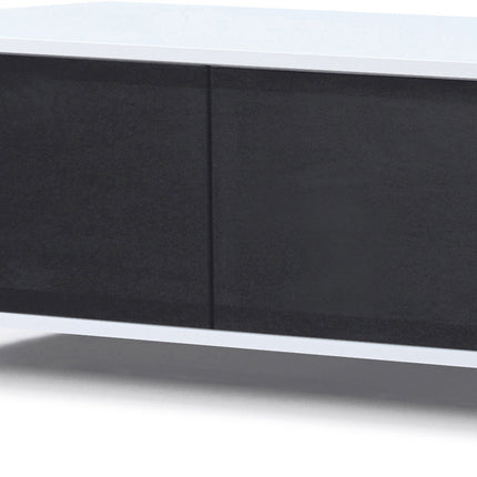 MDA Designs CORVUS Corner-Friendly Gloss White Contemporary Cabinet with Black Profiles Black BeamThru Glass Doors Suitable for Flat Screen TVs up to 50"
