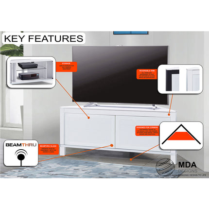 MDA Designs VOLANS White Tru-Corner Remote Friendly Doors White/Black Reversible Panel LCD/Plasma/LED TV up to 42" Corner TV Cabinet
