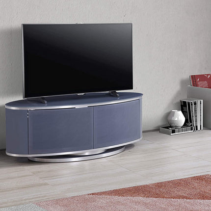 MDA Designs LUNA Grey Oval Cabinet with Grey Profiles & Grey BeamThru Glass Doors Suitable for Flat Screen TVs up to 50"
