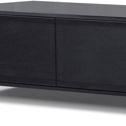 MDA Designs CORVUS Corner-Friendly Gloss Black Contemporary Cabinet with Oak Profiles Black BeamThru Glass Doors Suitable for Flat Screen TVs up to 50"