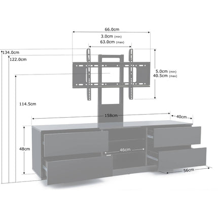 Centurion Supports AVITUS ULTRA Gloss Black Remote Friendly BeamThru Door with 4-Walnut Drawers up to 65" Flat Screen TV Cabinet with Mounting Arm