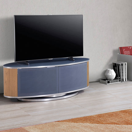 MDA Designs LUNA Grey Oval Cabinet with Oak Profiles & Grey BeamThru Glass Doors Suitable for Flat Screen TVs up to 50"