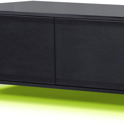 MDA Designs CORVUS Corner-Friendly Gloss Black Cabinet with Black BeamThru Glass Doors Suitable for Flat Screen TVs up to 50" with 16 Colour LED Lights