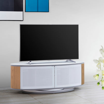 MDA Designs LUNA Gloss White Oval Cabinet with Oak Profiles White BeamThru Glass Doors Suitable for Flat Screen TVs up to 50"